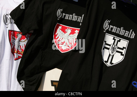 Souvenir t-shorts on the stall during the re-enactment of the Battle of Grunwald (1410) in Northern Poland. Stock Photo