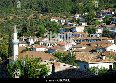 SIRINCE, TURKEY. An evening view of the hillside village as seen from the Markiz Konaklari Hotel. 2011. Stock Photo