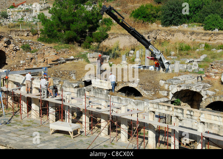 AFRODISIAS, TURKEY. Restoration and rebuilding work being carried out on the stage of the ancient theatre. 2011. Stock Photo