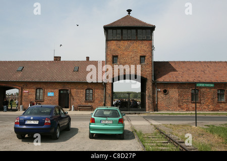Main gate of the Auschwitz II Birkenau German Nazi concentration and extermination camp in Oswiecim, Poland. Stock Photo