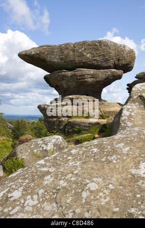The Druid's Writing Desk, one of many remarkable rock formations found at Brimham Rocks in NIdderdale, Yorkshire Stock Photo