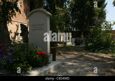 Grave of Russian poet and the Nobel Prize laureate Joseph Brodsky at the cemetery of San Michele in Venice, Italy. Stock Photo