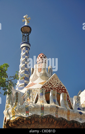 Pavilion at entrance to Park Guell, Gràcia District, Barcelona, Province of Barcelona, Catalonia, Spain Stock Photo