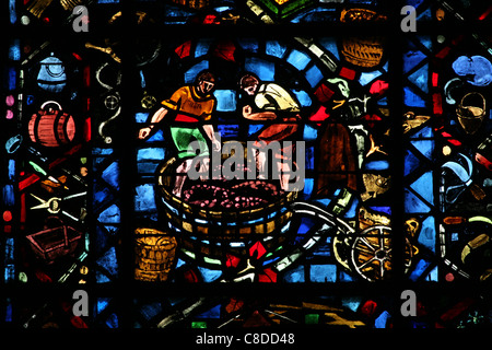 Production of Champagne Wines at the stained-glass windows in the Notre-Dame Cathedral in Reims, France. Stock Photo