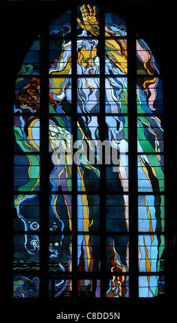 The God the Father at the stained glass window by Snanislaw Wyspianski in the Franciscan Church in Krakow, Poland. Stock Photo