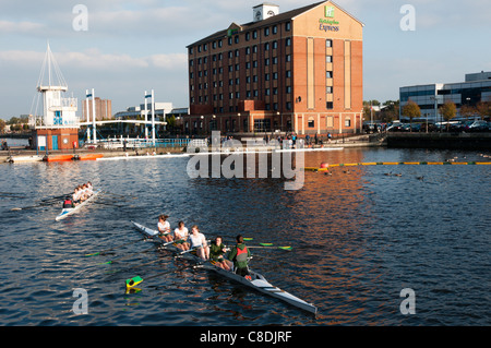 The Salford Watersports Centre and Holiday Inn Express at Ontario Basin, Salford Quays, Greater Manchester Stock Photo