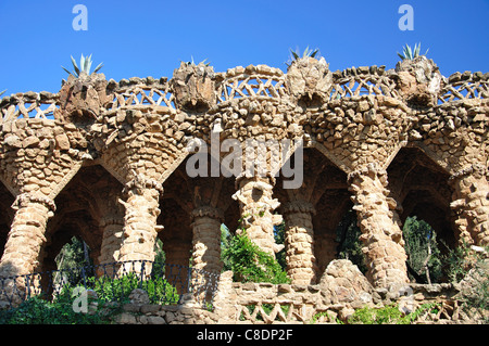 Colonnaded pathway, Park Guell, Gràcia District, Barcelona, Province of Barcelona, Catalonia, Spain Stock Photo