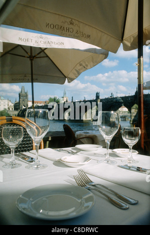 Riverside dining at Kampa Park restaurant Prague, Czech Republic. Stock Photo