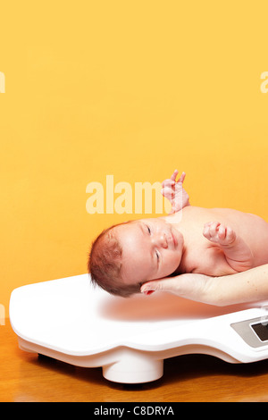 baby boy on weight scale Stock Photo