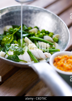 Sole with guava,steamed vegetables and mashed sweet potatoes Stock Photo