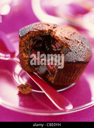 Chocolate and cherry  individual runny cake Stock Photo