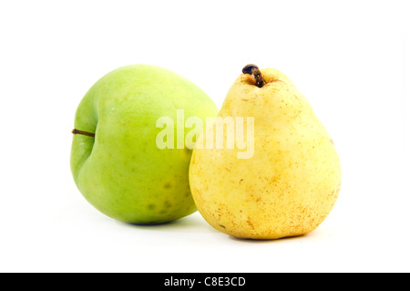 Juicy yellow pear and green apple over a white background Stock Photo