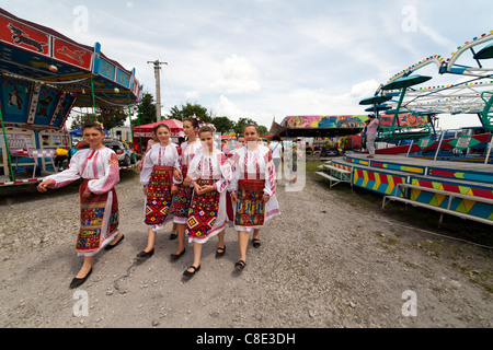 Young girls wearing traditional Romanian costumes Stock Photo