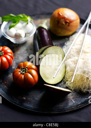 Ingredients for caramelized eggplant Mille-feuille Stock Photo
