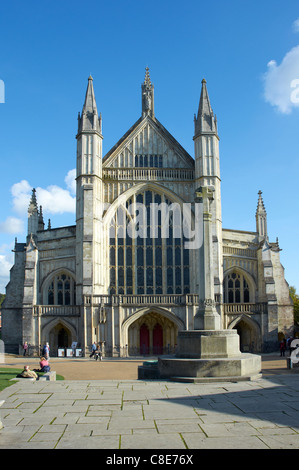 The west front of Winchester Cathedral in mid-autumn sunshine. Winchester, Hampshire, England Stock Photo