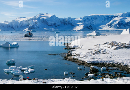 Antarctic expedition vessel MV Ushuaia anchored at Charlotte Bay in Antarctica Stock Photo