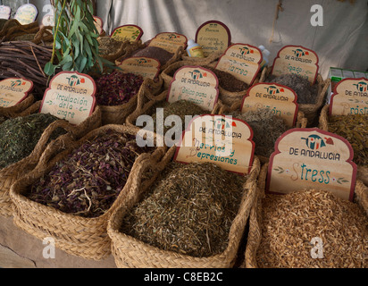 Palma Outdoor Market Herbs Healing Medicinal Variety of herbal remedies on display for sale Palma de Mallorca market stall  Spain Stock Photo