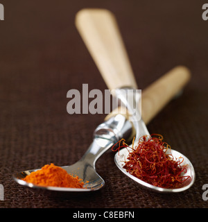 Spoonful of saffron threads and spoonful of saffron powder Stock Photo