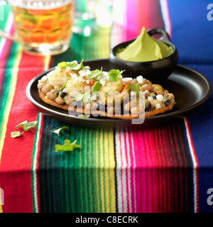 Scallops and two varieties of beans on crisp bread Stock Photo