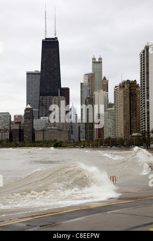 Storm driven waves on Lake Michigan. Chicago Lakefront. Stock Photo