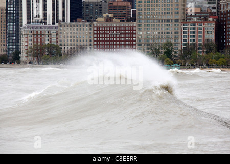 Storm driven waves on Lake Michigan. Chicago Lakefront. Stock Photo