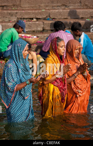 Hindu Pilgrims Praying and Bathing In The Holy River Ganges, Varanasi ...