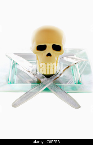 Skull on a plate with crossed knife and fork Stock Photo