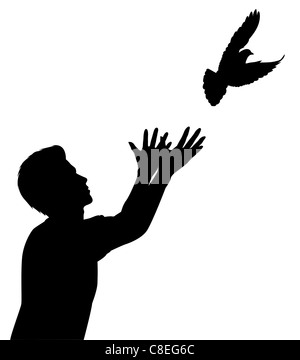 Illustrated silhouette of a man releasing a dove Stock Photo