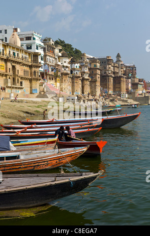 Boats in The Ganges River at Ranamahal Ghat and Chousatti Ghat in Holy City of Varanasi, Benares, India Stock Photo