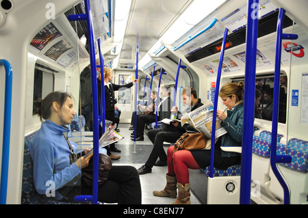 Train carriage interior, London Underground, Greater London, England, United Kingdom Stock Photo