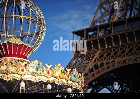 Paris Europe France, near Eiffel Tower, Tour Eiffel, classic, ancient merry-go-round, roundabout, carrousel Stock Photo