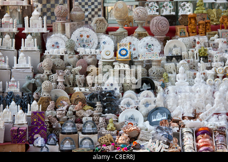 Taj Mahal souvenirs on sale by The Great Gate, Darwaza-i rauza, of The Taj Mahal Complex, southern entrance, Agra, India Stock Photo