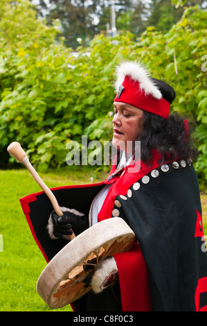 Tlingit native performers at Chief Shakes Tribal House, historic site, Wrangell, Southeast Alaska, United States of America Stock Photo