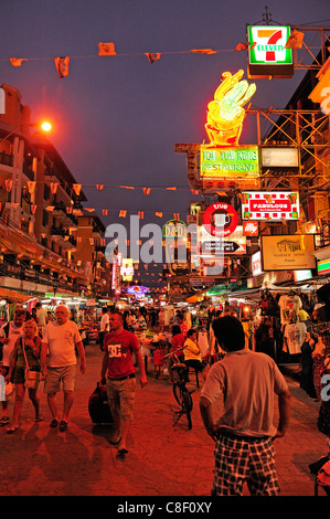 Khao San, Road, at night, Bangkok, Thailand, Asia, neon signs, lights, tourists Stock Photo