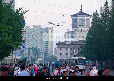 Busy street in front of the Pyongyang railway station, Pyongyang, North Korea Stock Photo