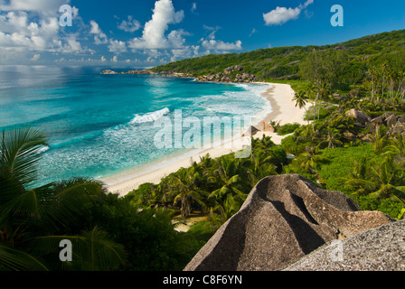 View over the beach of Grand Anse, La Digue, Seychelles, Indian Ocean Stock Photo
