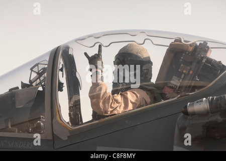 Marine Attack Squadron 513 pilot prepares to launch his AV-8B Harrier at Kandahar Airfield, Afghanistan. Stock Photo