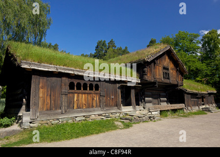 Wooden farm buildings, Norsk Folkemuseum (Folk Museum, in summer sunshine, Bygdoy, Oslo, Norway, Scandinavia Stock Photo