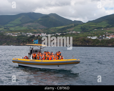 Tourists in a whale watching boat, São Miguel island, Azores. Stock Photo