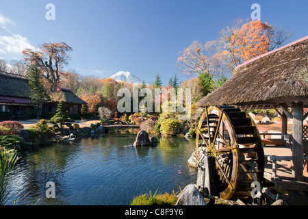 Japan, November, Asia, mountain Fuji, village, Oshino, Masuno-Ya guards, garden, pond, waterwheel, idyllic, Asia Stock Photo