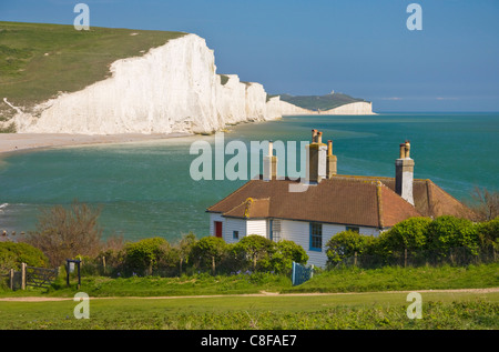 Seven Sisters cliffs, coastguard cottages Seaford Head, South Downs Way, South Downs National Park, East Sussex, England,UK Stock Photo