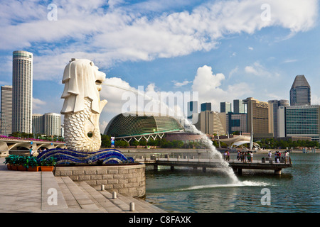 Singapore, Asia, Merlion, landmark, lion, mermaid, sculpture, water vomit, spit, bank promenade, Skyline, town, city, Stock Photo