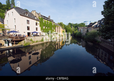 Town houses reflected in canal, Old Town, Grund district, UNESCO World Heritage Site, Luxembourg City, Grand Duchy of Luxembourg Stock Photo