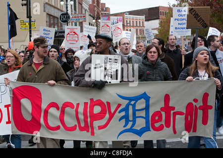 Detroit, Michigan - People rally at the Bank of America, demanding a moratorium on home foreclosures and evictions. The protesters included members of the United Auto Workers and activists from the Occupy Detroit encampment. Stock Photo