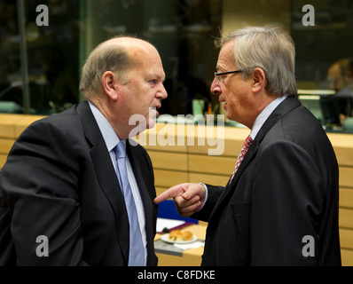 Pictured at the Ecofin meeting of European Union Finance Ministers  Michael Noonan, Finance Minister, Ireland. Jean-Claude Juncker,  Eurogroup of Finance Ministers of the Eurozone. Stock Photo