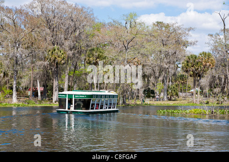 Park guests take glass bottom boat tour of the Silver River at Silver Springs State Park in Ocala Florida Stock Photo