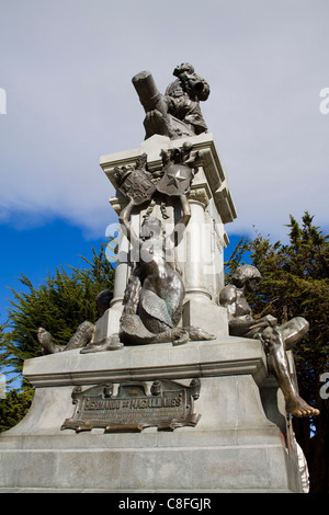 Admiral Ferdinand Magellan Monument in Plaza de Armas, Punta Arenas City, Magallanes Province, Patagonia, Chile Stock Photo