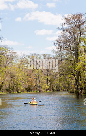 Man kayaking on Silver River near Silver Springs Attractions in Ocala Florida Stock Photo