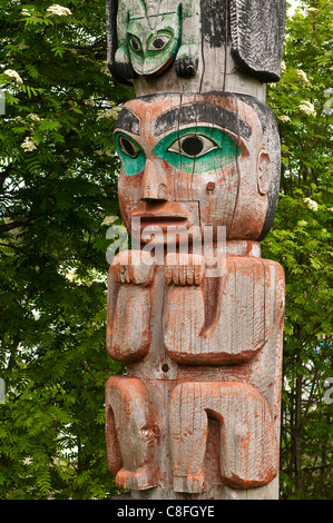 Totem at Cheif Shakes Tribal House, historic site, Wrangell, Southeast Alaska, Alaska, United States of America Stock Photo