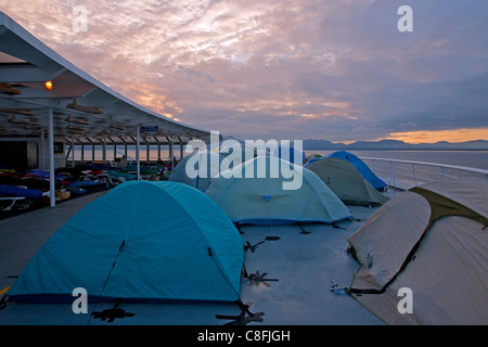 Tents on the deck of the Columbia ferry. Alaska Inside Passage. USA Stock Photo